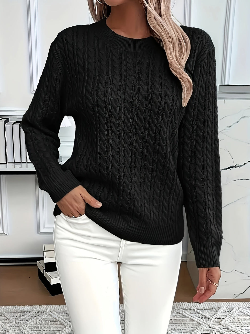 Women's Oversized Cable Knit Jumper with Round Neck