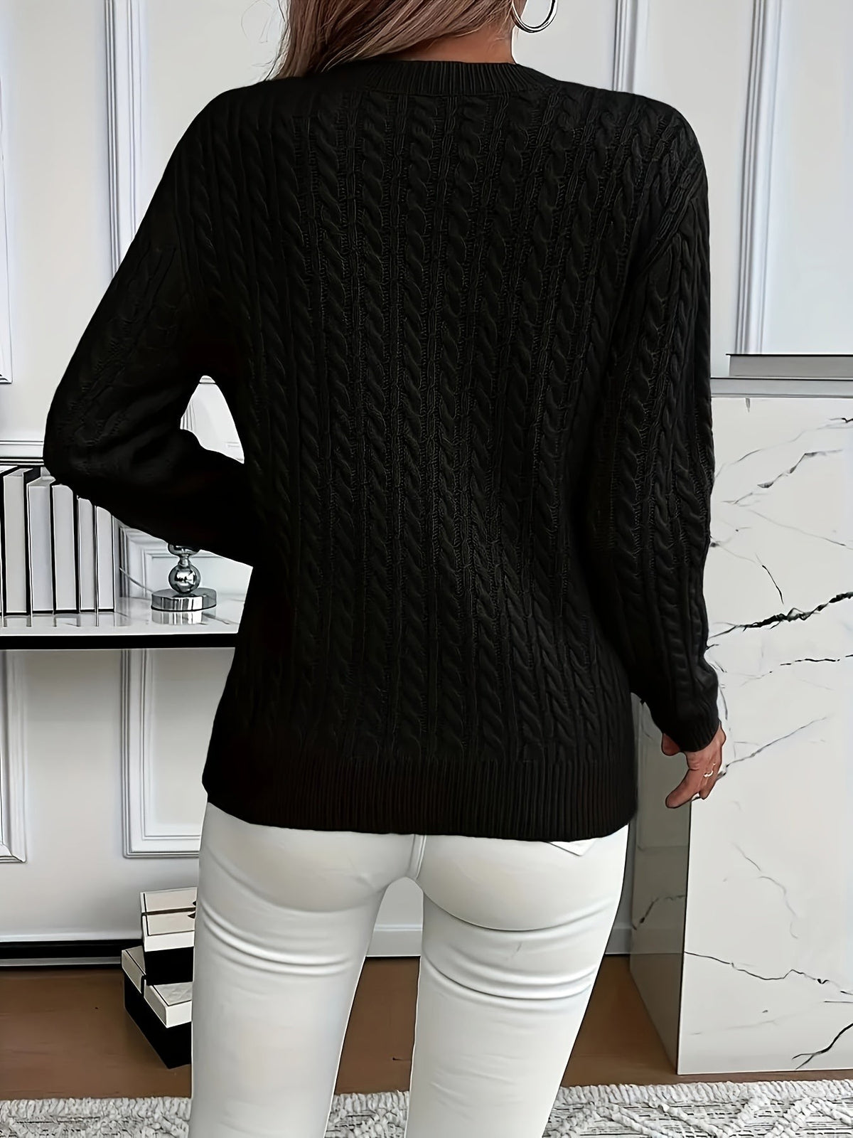 Women's Oversized Cable Knit Jumper with Round Neck