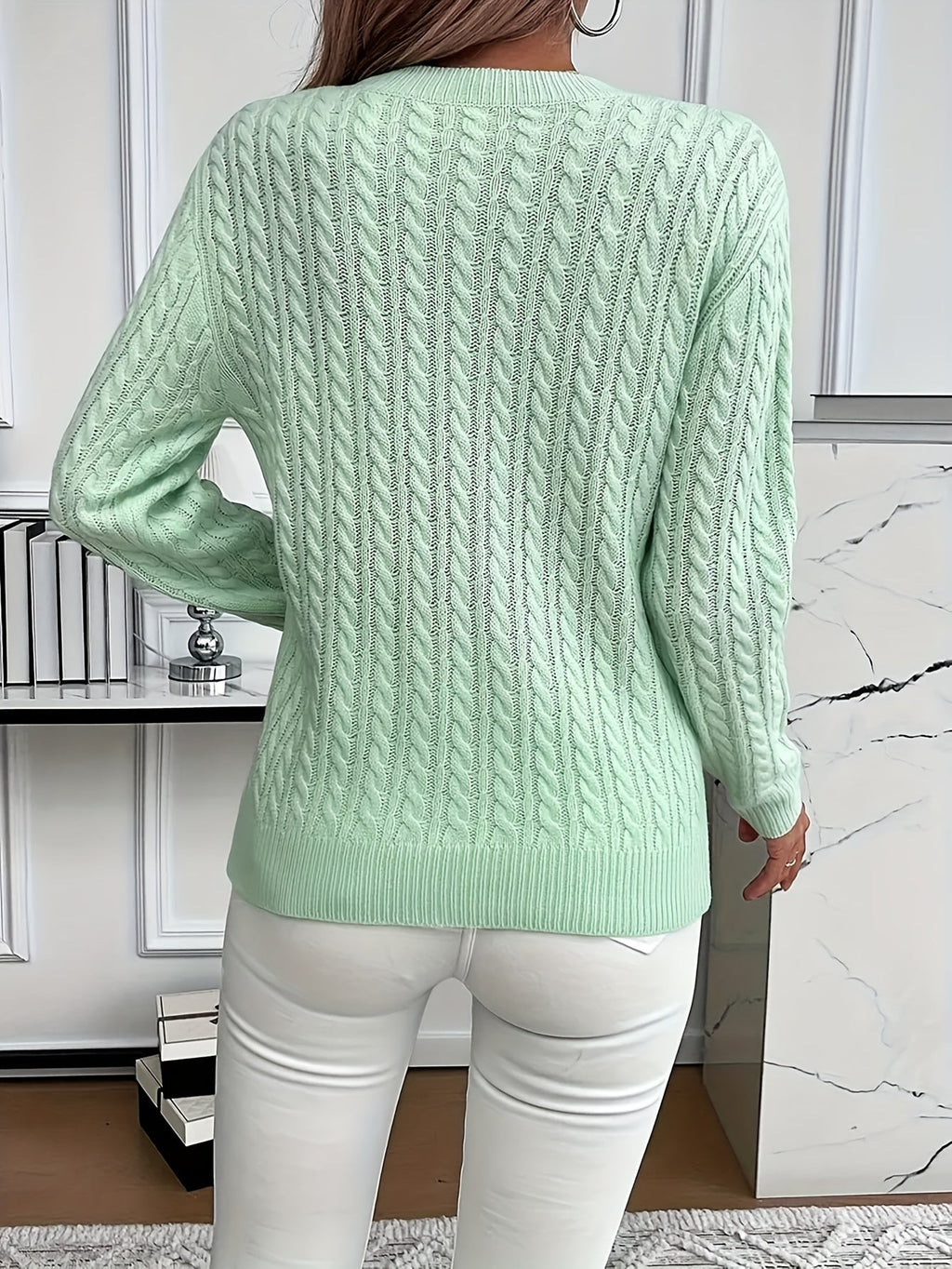 Women's Oversized Cable Knit Jumper with Round Neck