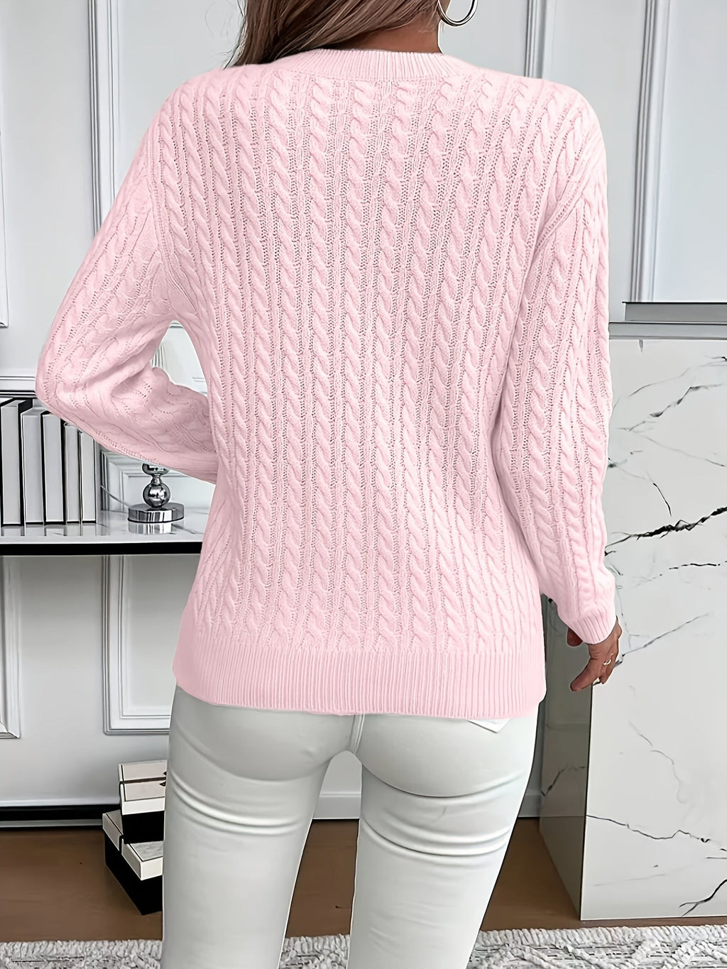Women's Oversized Cable Knit Jumper with Round Neck