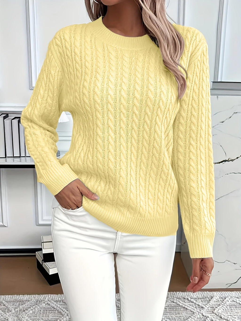 Women's Oversized Cable Knit Jumper with Round Neck
