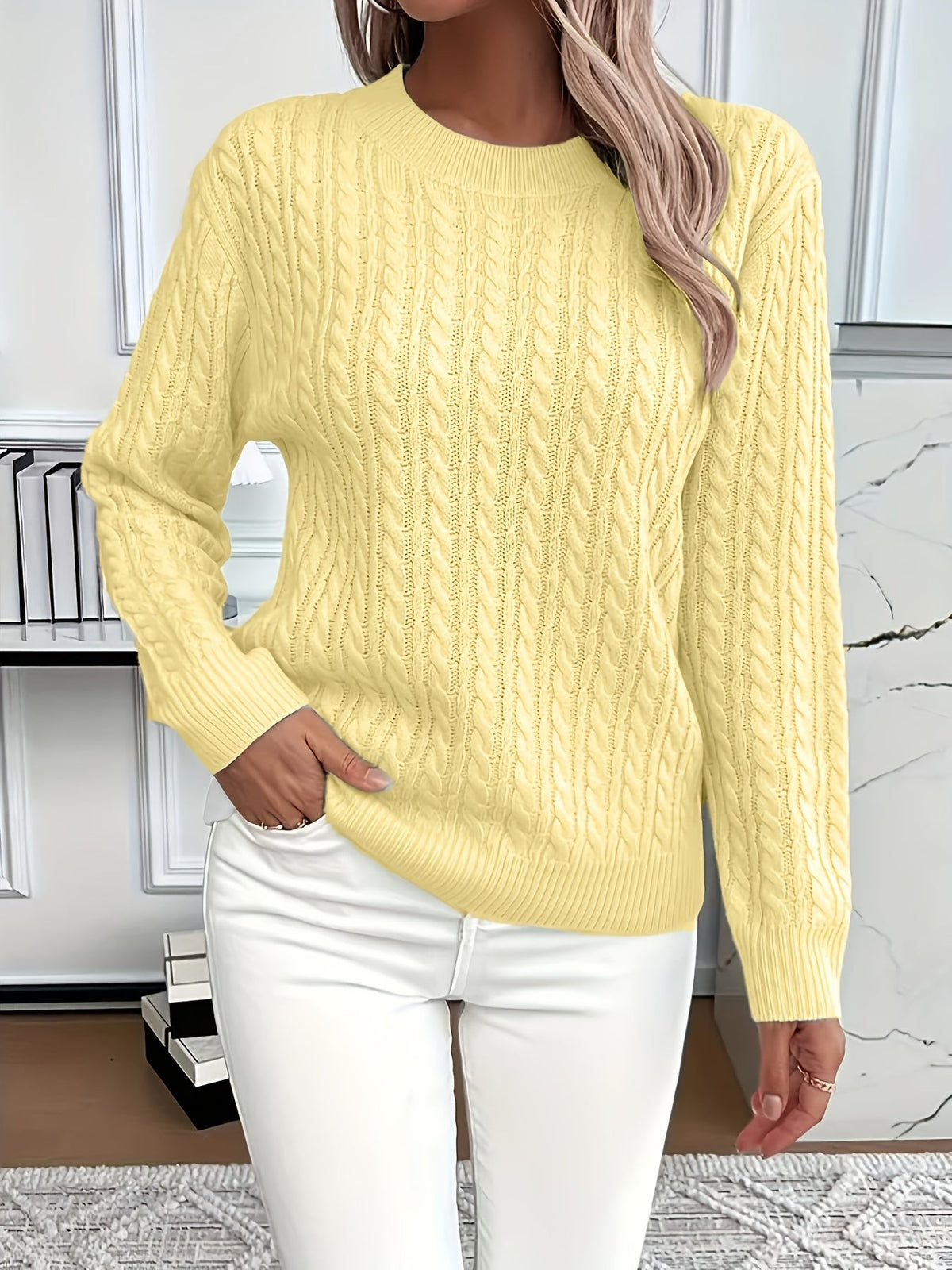 Women's Oversized Cable Knit Jumper with Round Neck
