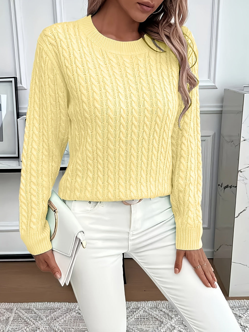 Women's Oversized Cable Knit Jumper with Round Neck