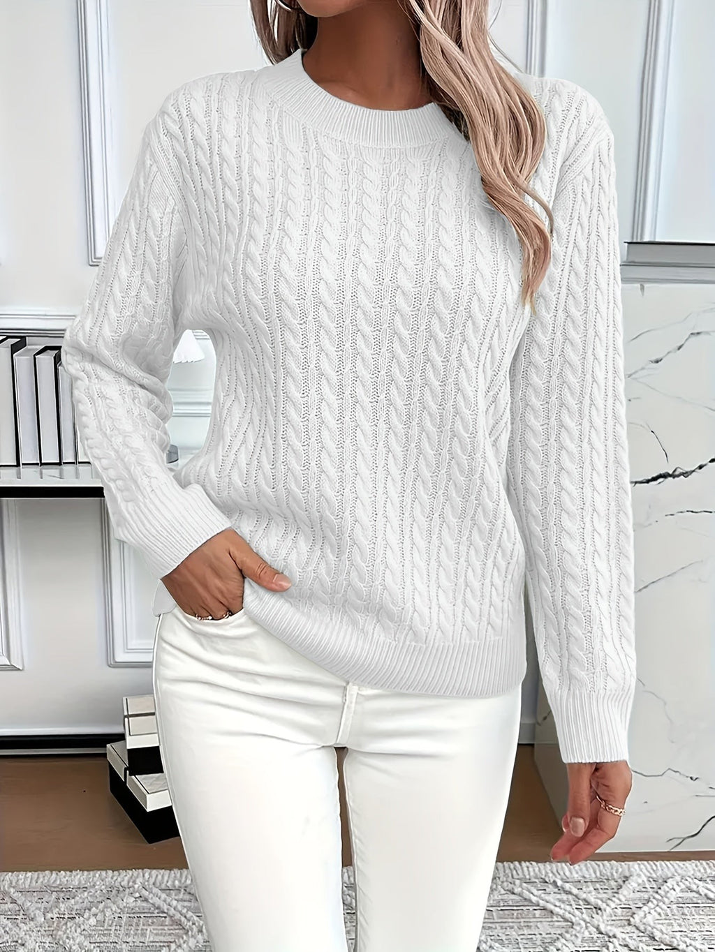Women's Oversized Cable Knit Jumper with Round Neck