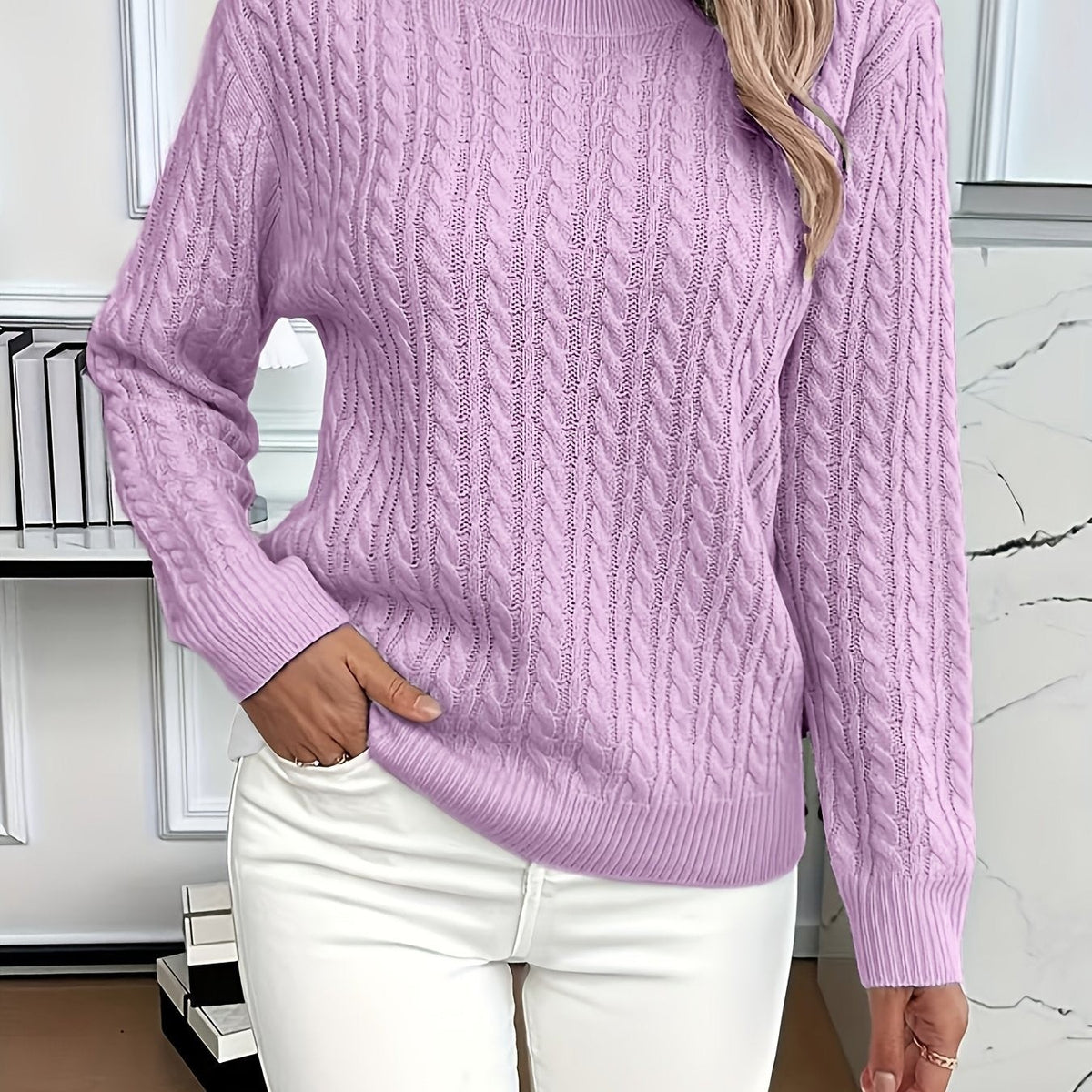 Women's Oversized Cable Knit Jumper with Round Neck