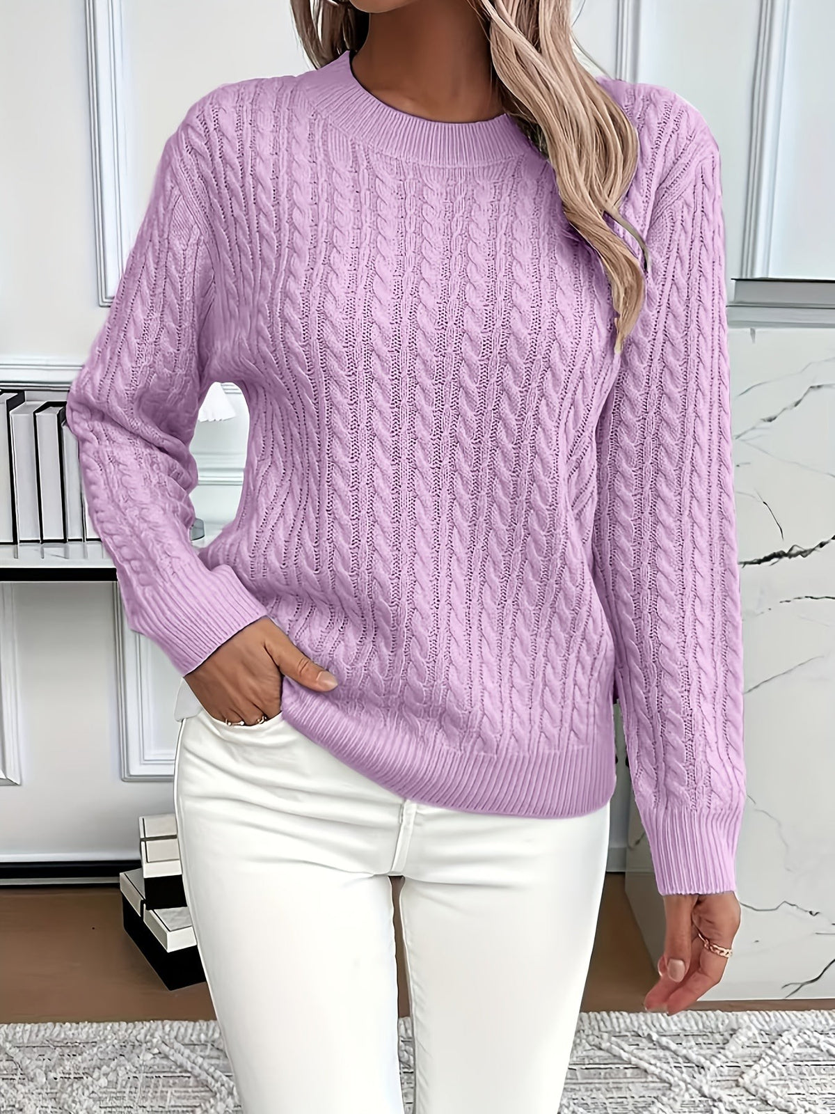 Women's Oversized Cable Knit Jumper with Round Neck
