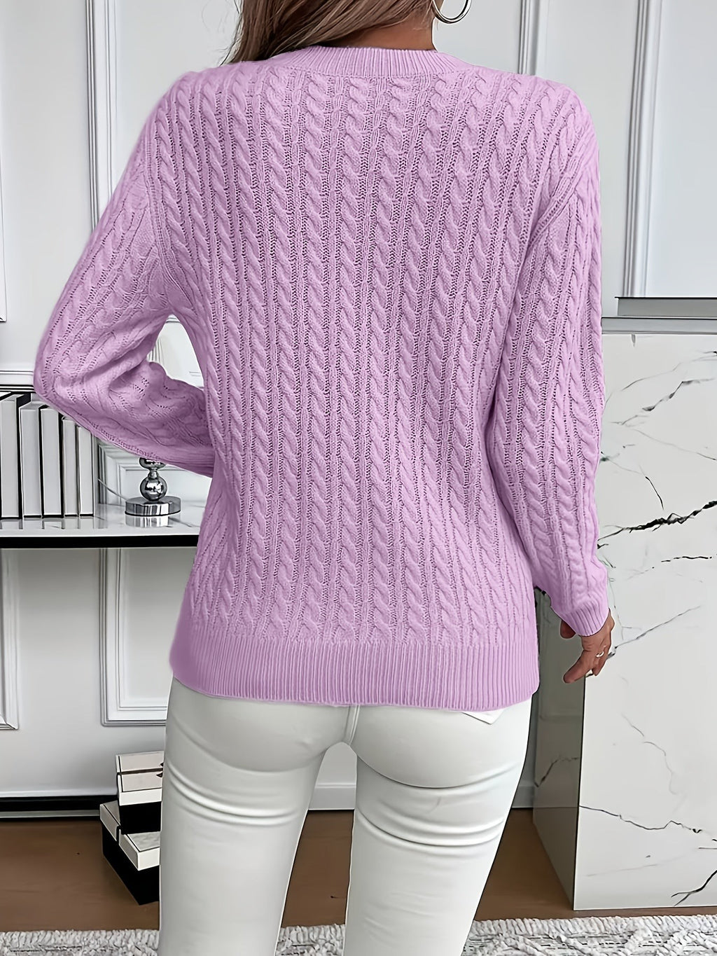 Women's Oversized Cable Knit Jumper with Round Neck