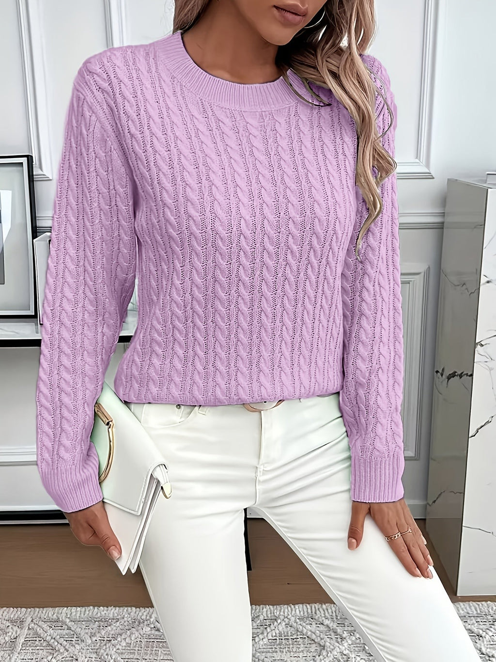 Women's Oversized Cable Knit Jumper with Round Neck