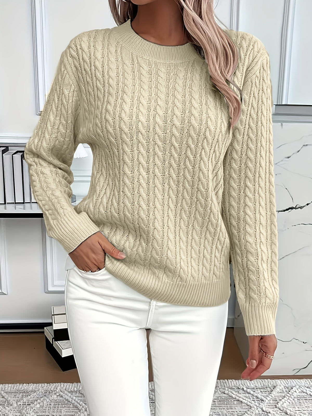 Women's Oversized Cable Knit Jumper with Round Neck