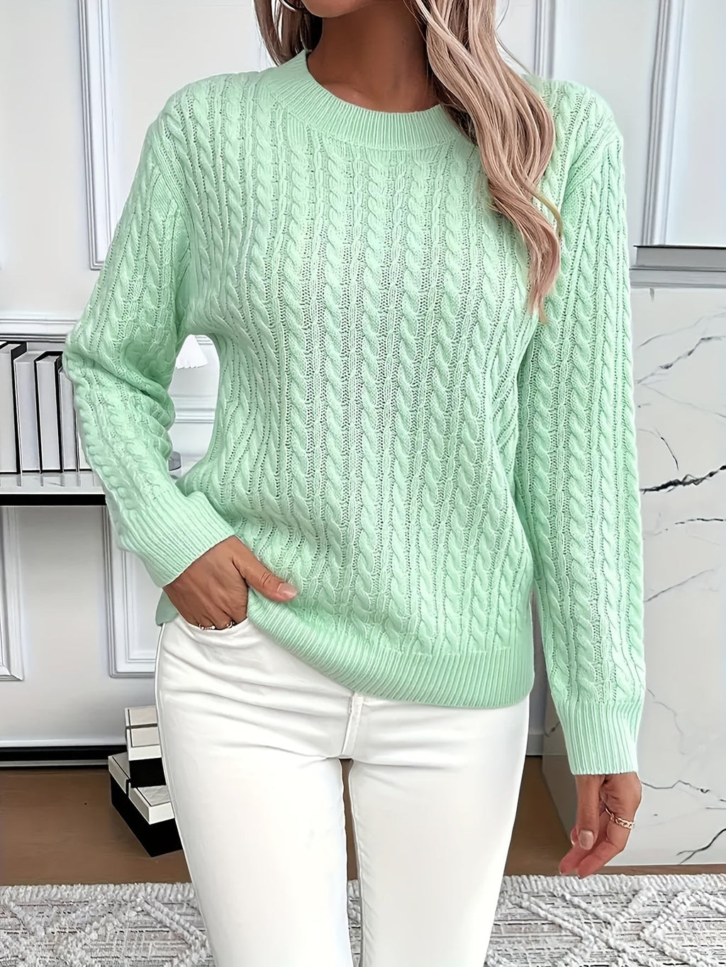 Women's Oversized Cable Knit Jumper with Round Neck