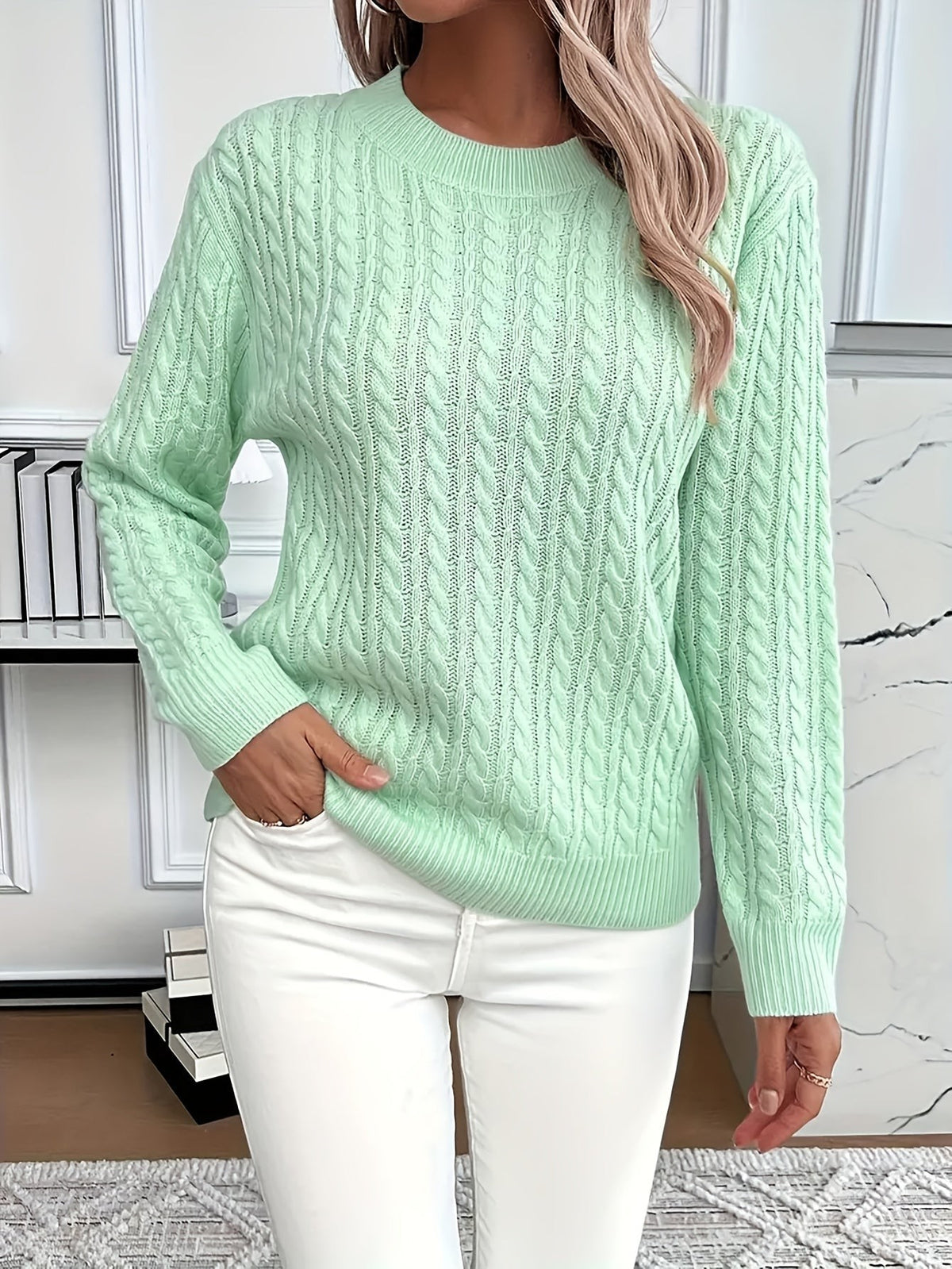 Women's Oversized Cable Knit Jumper with Round Neck