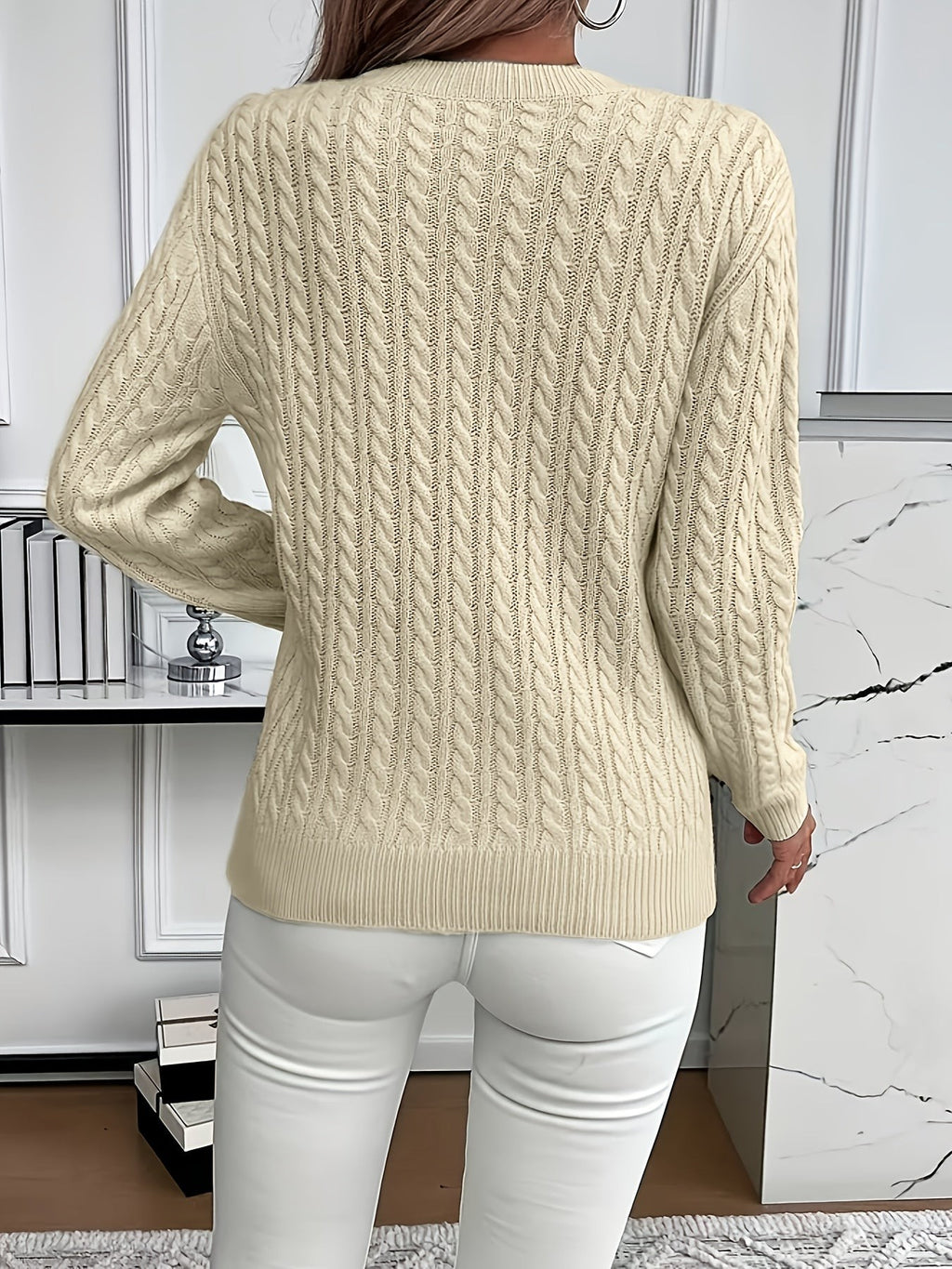 Women's Oversized Cable Knit Jumper with Round Neck