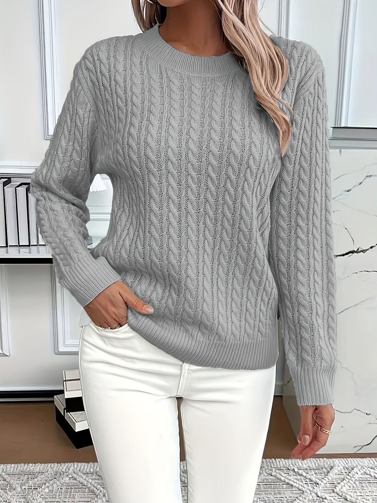 Women's Oversized Cable Knit Jumper with Round Neck