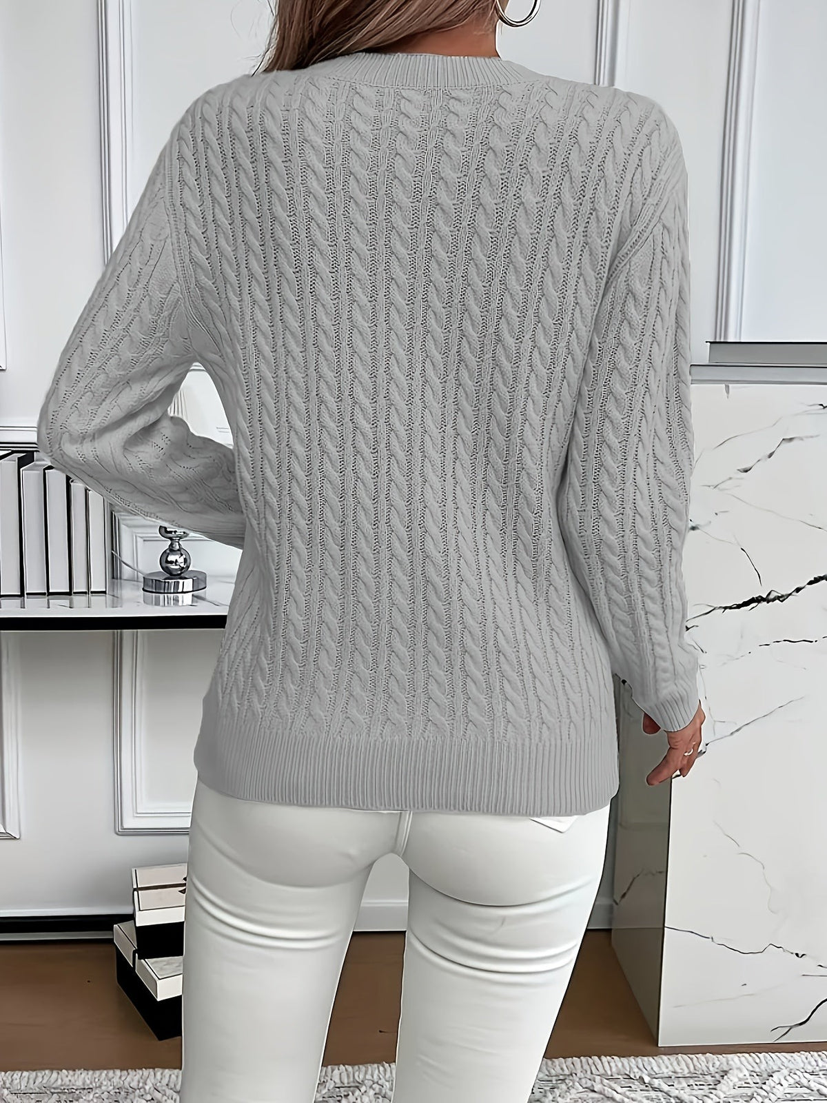Women's Oversized Cable Knit Jumper with Round Neck