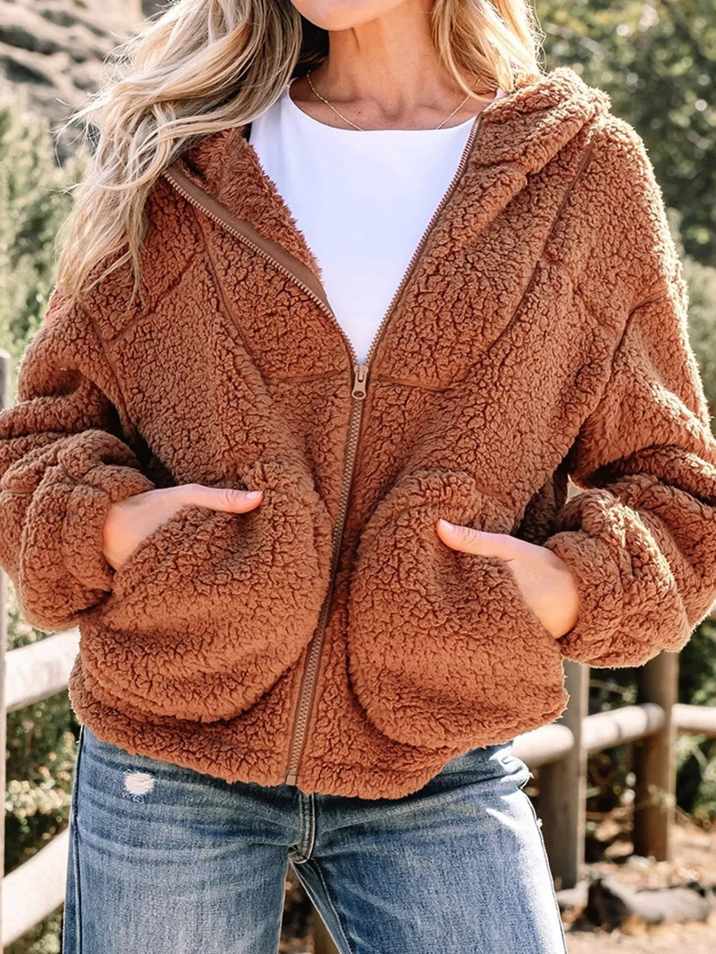 Women's Oversized Hooded Teddy Jacket with Zip