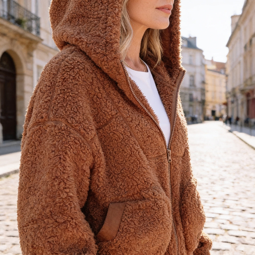 Women's Oversized Hooded Teddy Jacket with Zip