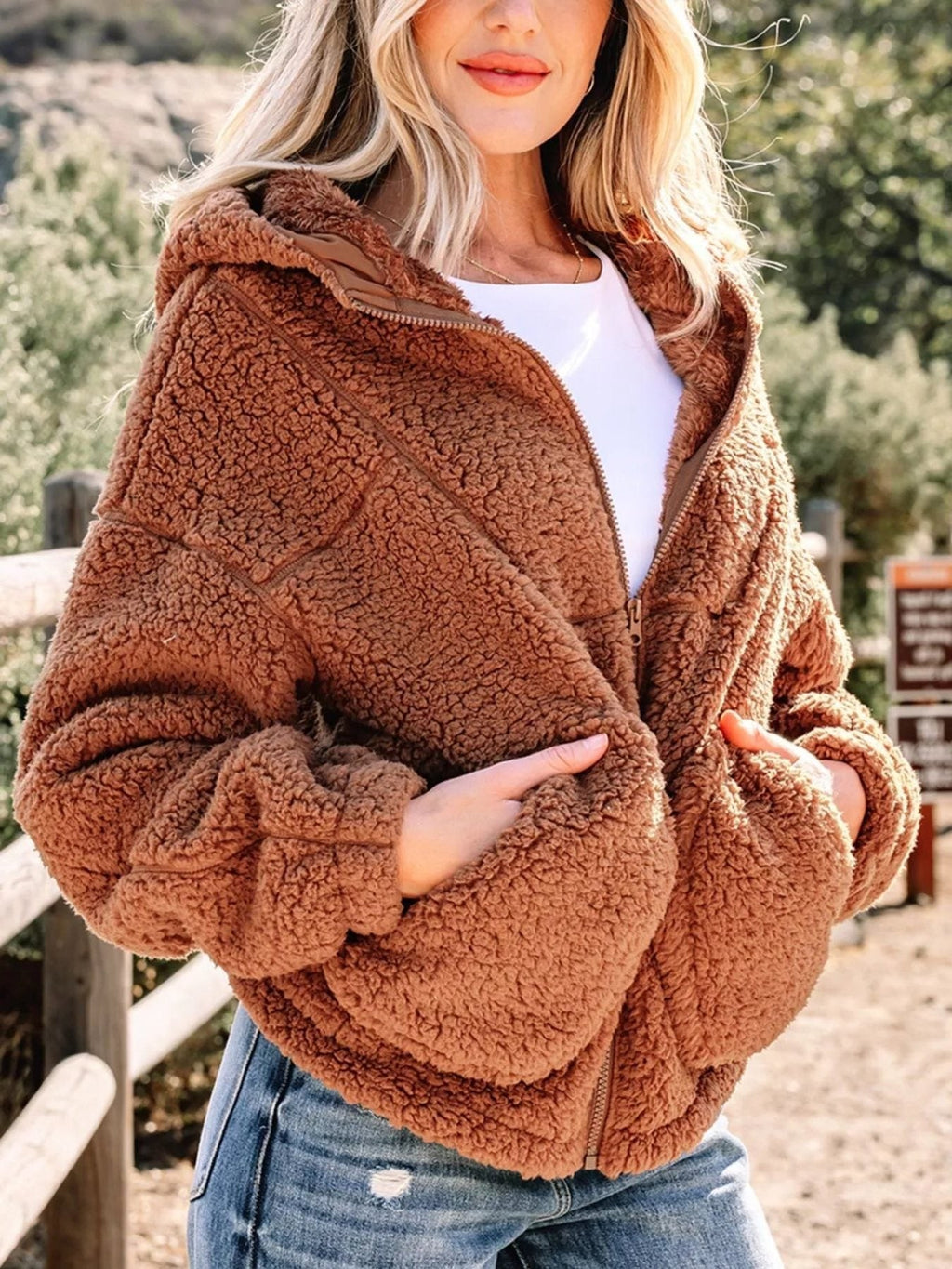 Women's Oversized Hooded Teddy Jacket with Zip
