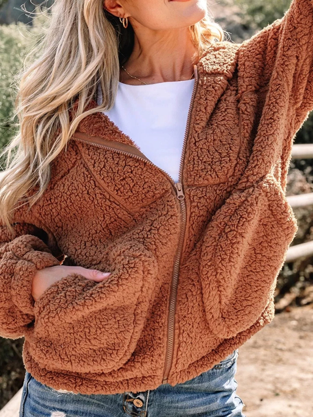 Women's Oversized Hooded Teddy Jacket with Zip