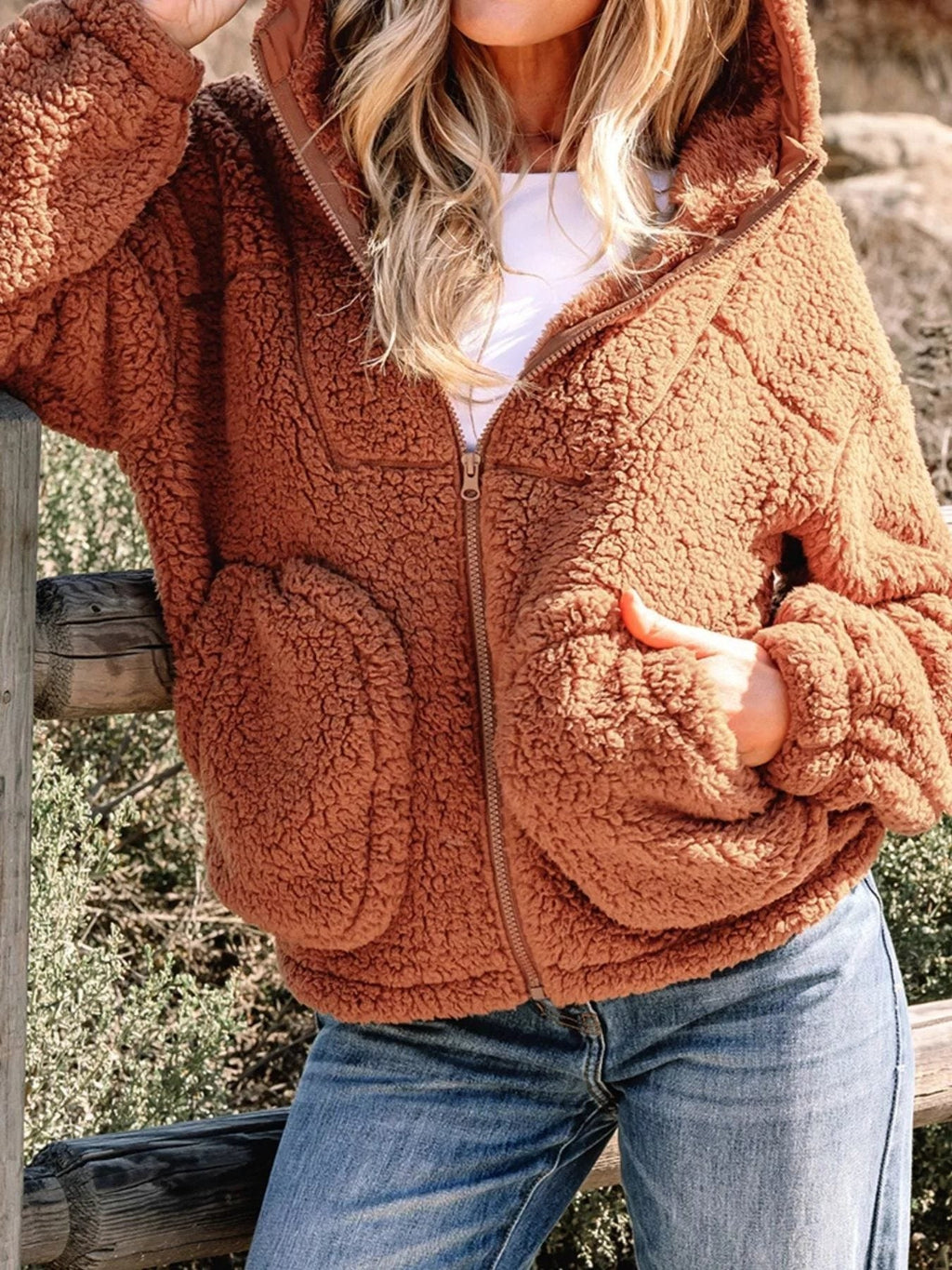Women's Oversized Hooded Teddy Jacket with Zip