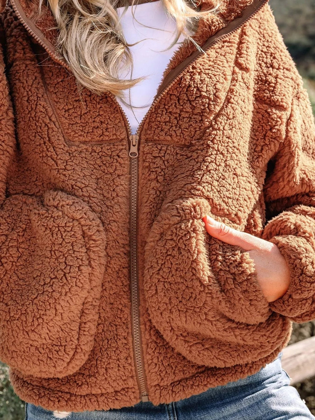 Women's Oversized Hooded Teddy Jacket with Zip