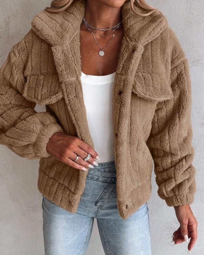 Women's Oversized Teddy Jacket with Flap Pockets