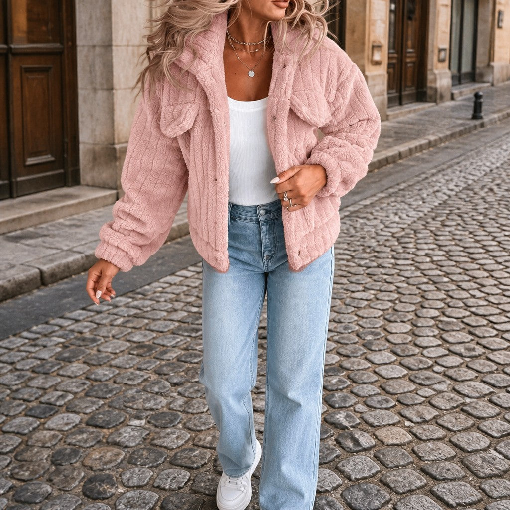Women's Oversized Teddy Jacket with Flap Pockets
