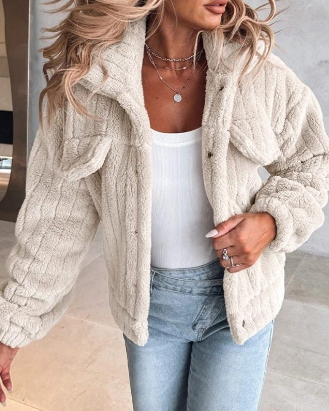 Women's Oversized Teddy Jacket with Flap Pockets