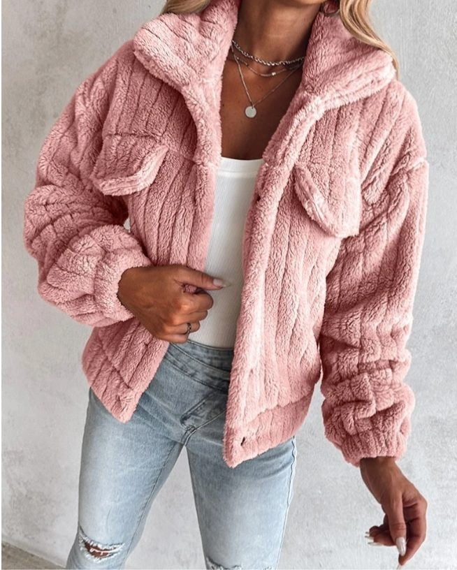 Women's Oversized Teddy Jacket with Flap Pockets