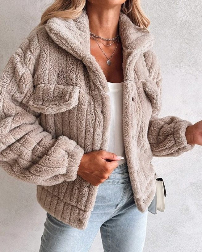 Women's Oversized Teddy Jacket with Flap Pockets