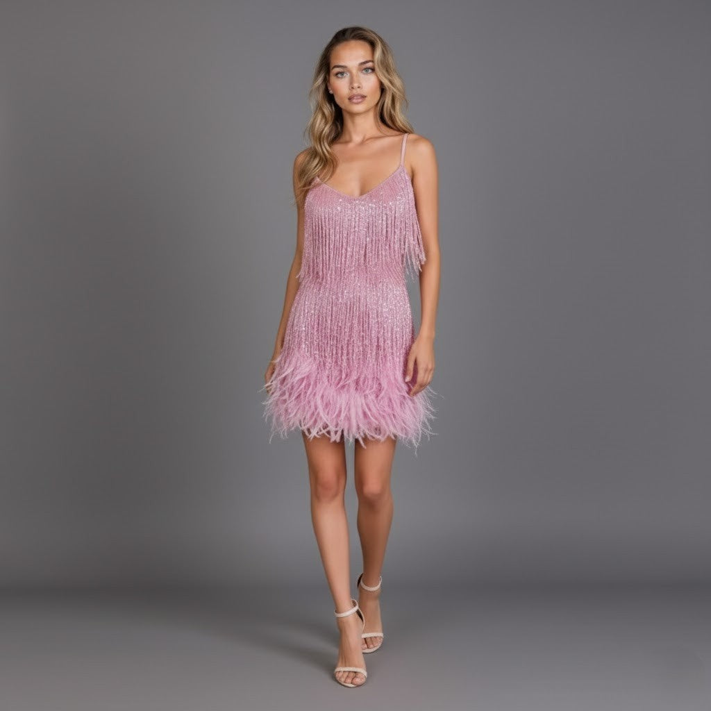 Women's Party Dresses with Fringe and Feather Hem