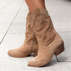 Women's Perforated Block Heel Cowboy Ankle Boots