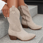 Women's Perforated Block Heel Cowboy Ankle Boots