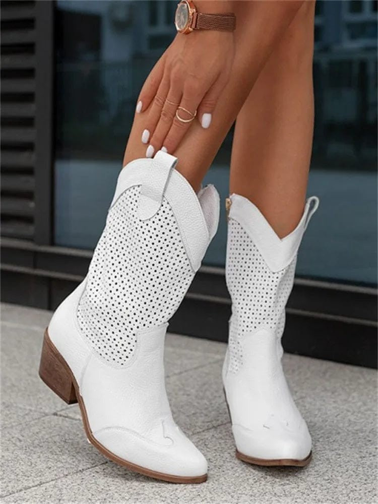 Women's Perforated Block Heel Cowboy Ankle Boots