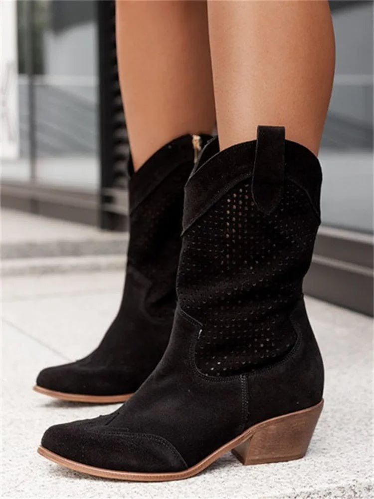 Women's Perforated Block Heel Cowboy Ankle Boots