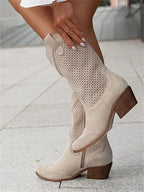 Women's Perforated Block Heel Cowboy Ankle Boots