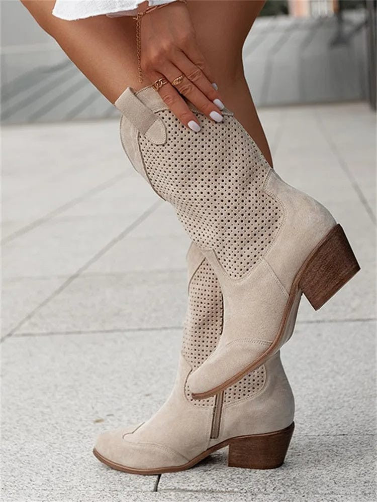 Women's Perforated Block Heel Cowboy Ankle Boots