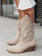 Women's Perforated Block Heel Cowboy Ankle Boots