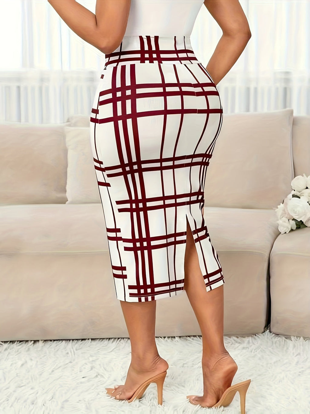 Women's Plaid Pencil Skirt with Soft Stretch