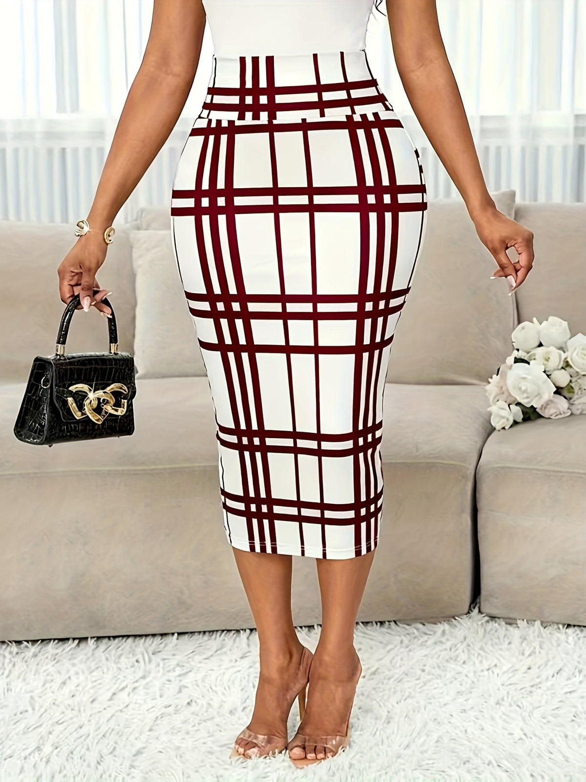 Women's Plaid Pencil Skirt with Soft Stretch