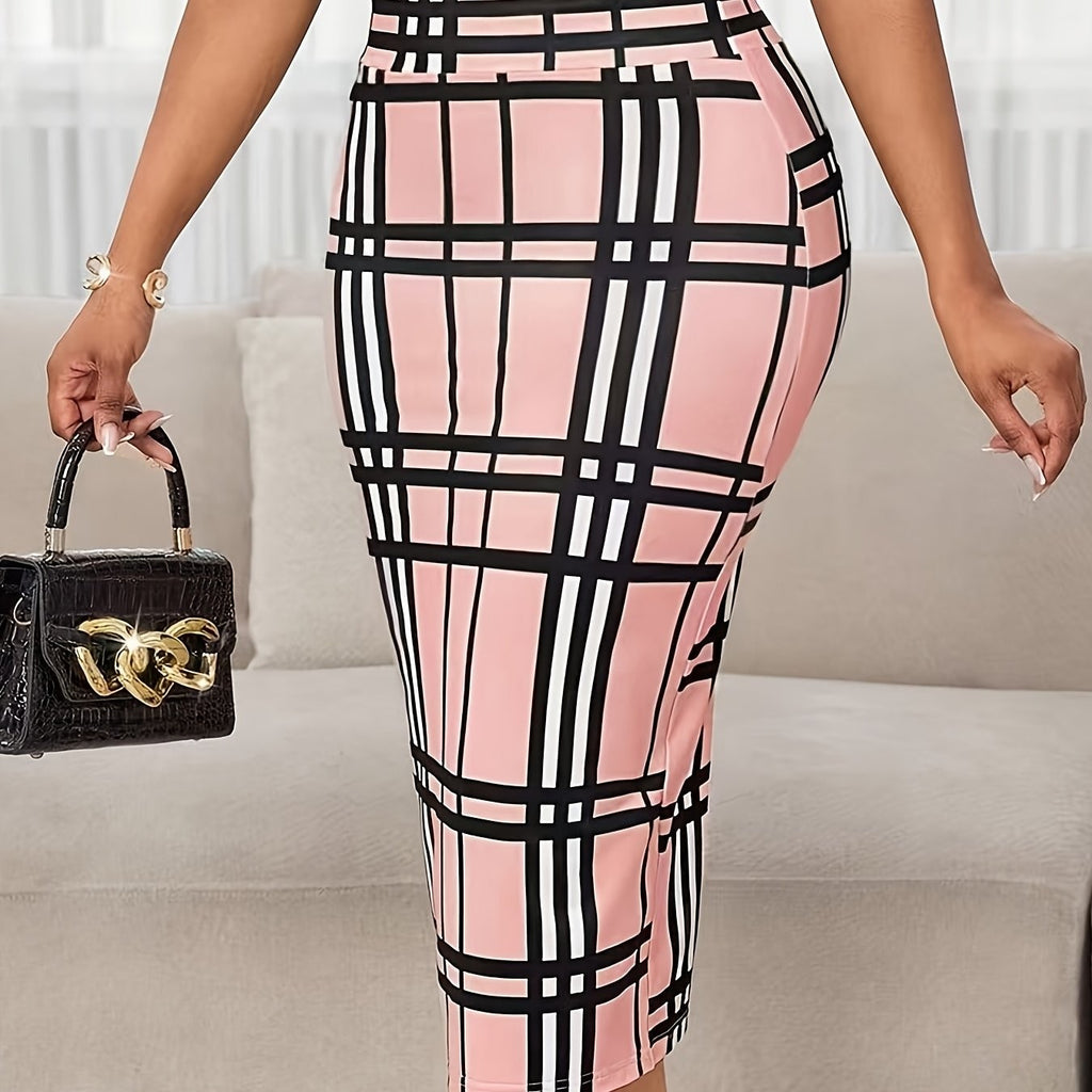 Women's Plaid Pencil Skirt with Soft Stretch