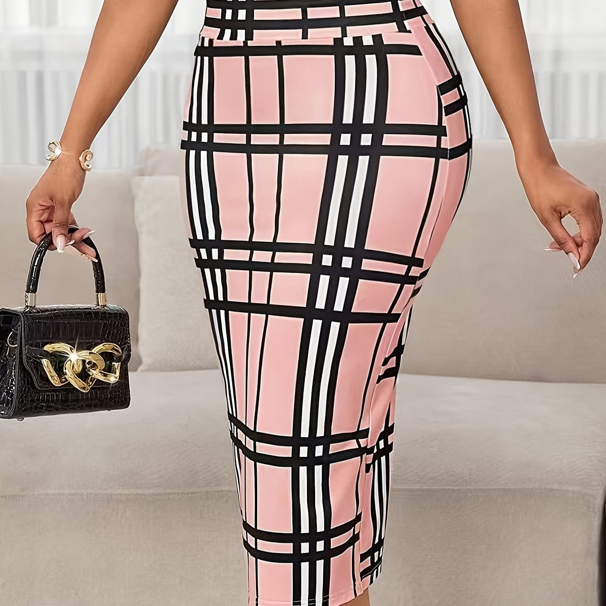 Women's Plaid Pencil Skirt with Soft Stretch