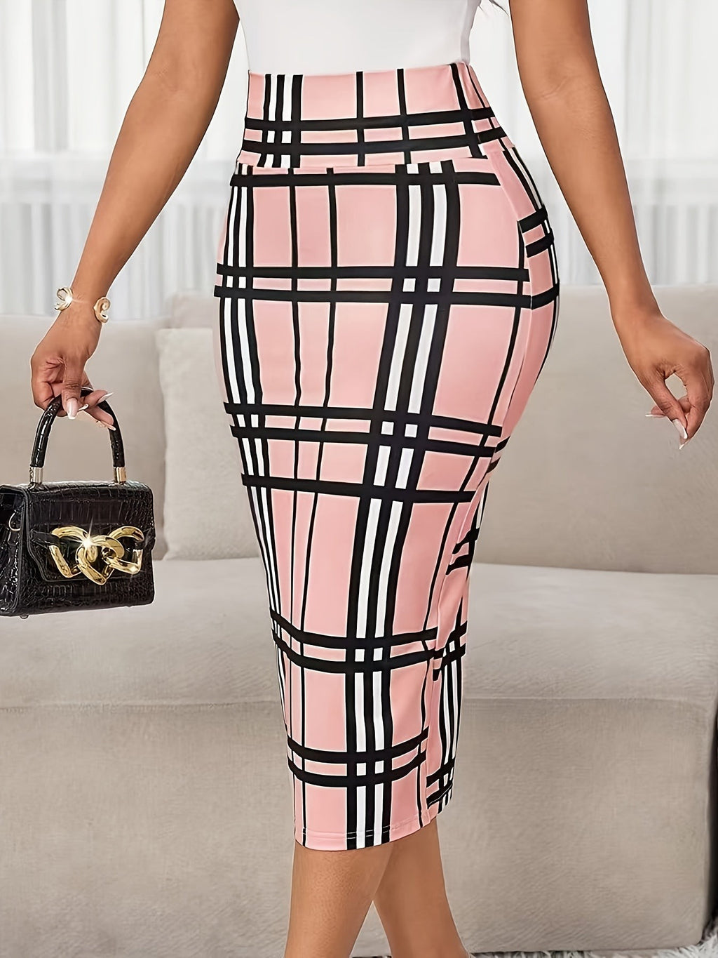Women's Plaid Pencil Skirt with Soft Stretch