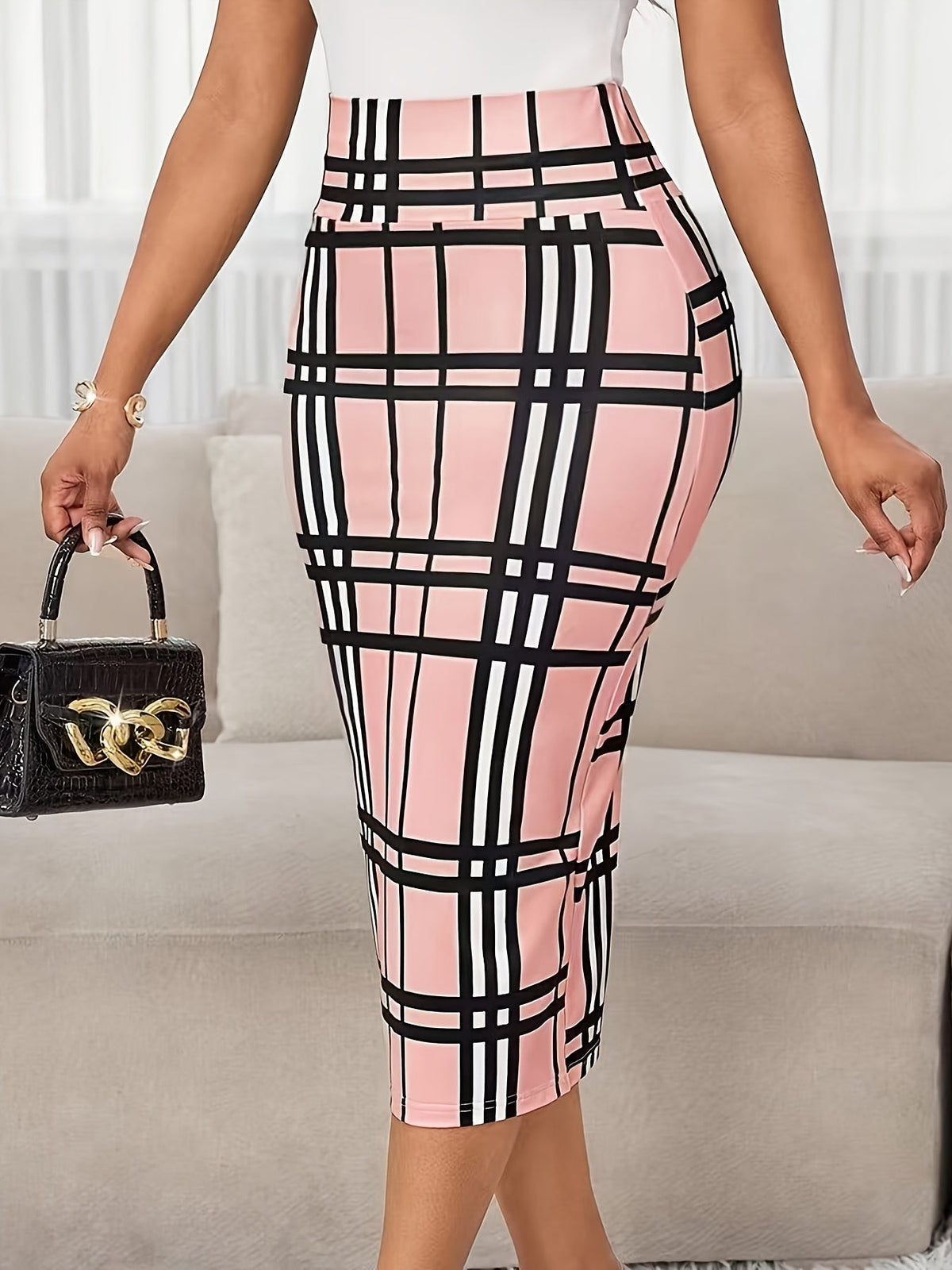 Women's Plaid Pencil Skirt with Soft Stretch