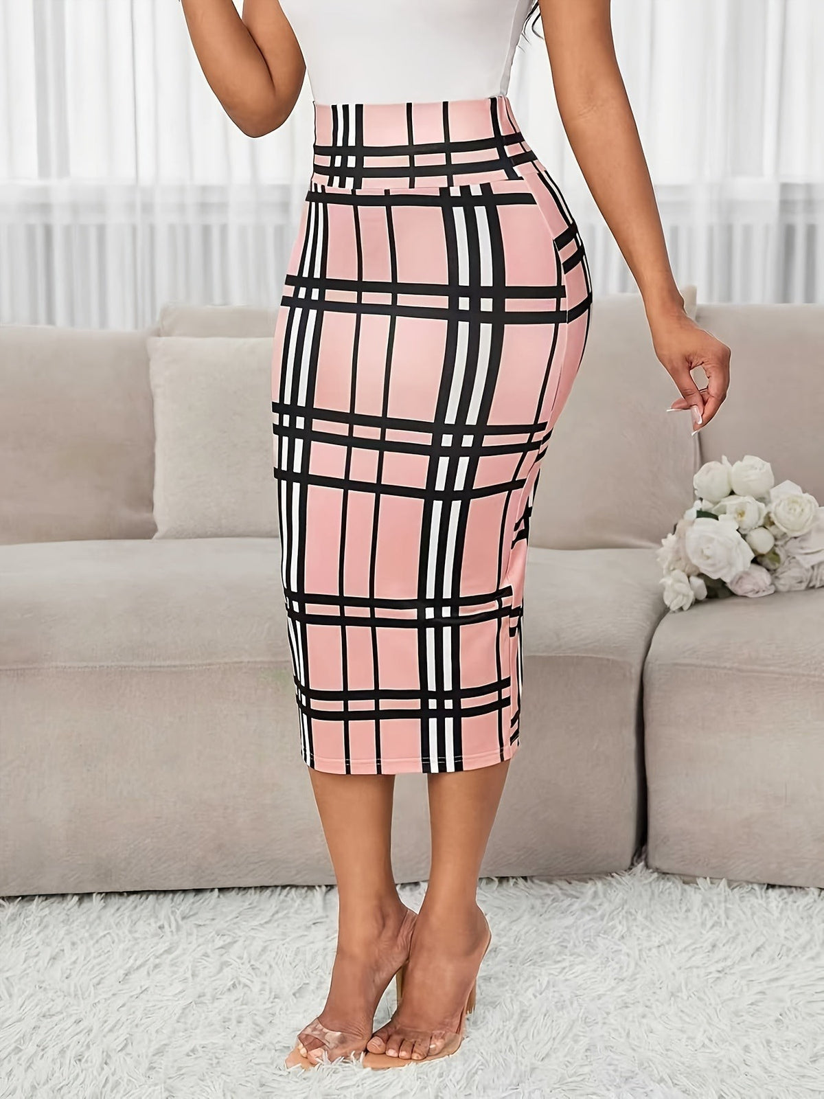 Women's Plaid Pencil Skirt with Soft Stretch