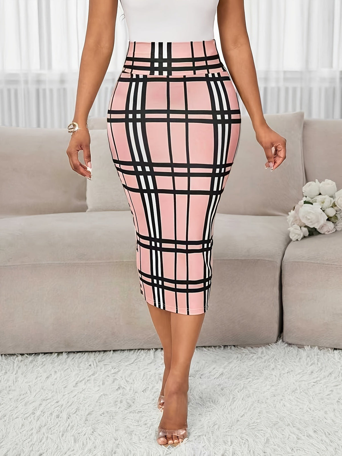 Women's Plaid Pencil Skirt with Soft Stretch