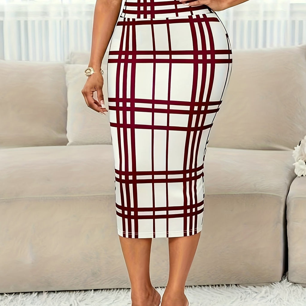 Women's Plaid Pencil Skirt with Soft Stretch