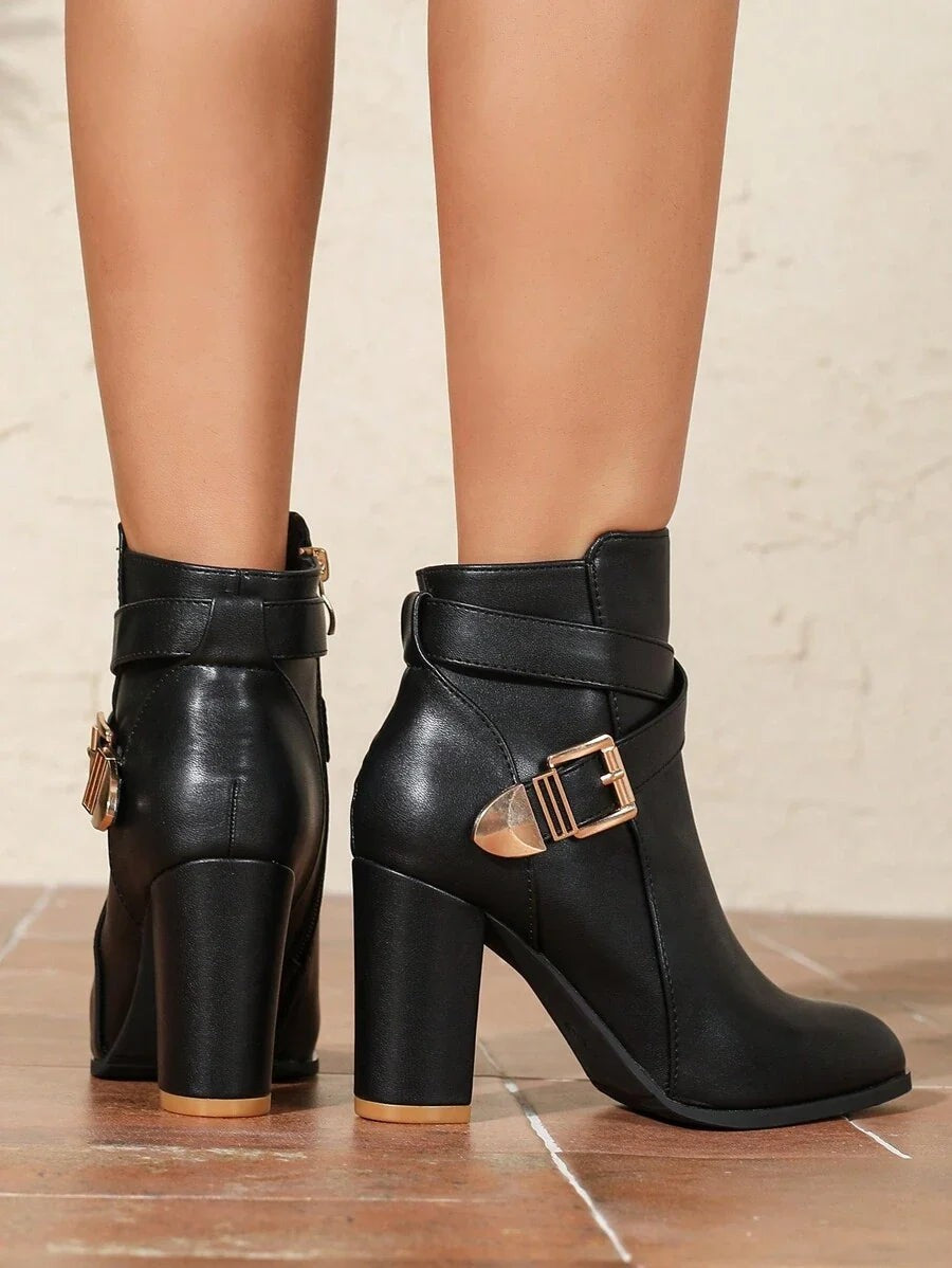 Women's Pointed Toe Crossover Strap Block Heel Ankle Boots