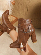 Women's Pointed Toe Crossover Strap Block Heel Ankle Boots