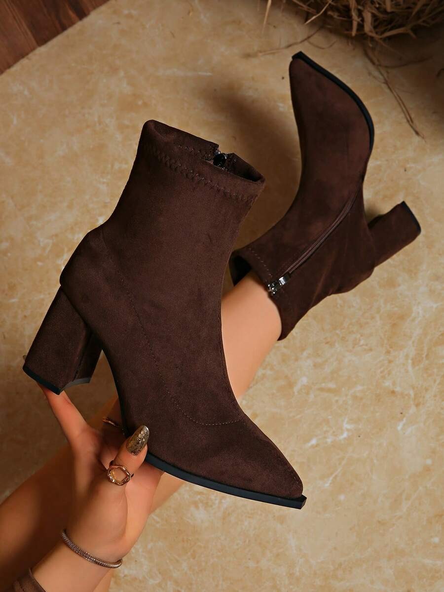 Women's Pointed Toe Faux Suede Block Heel Ankle Boots