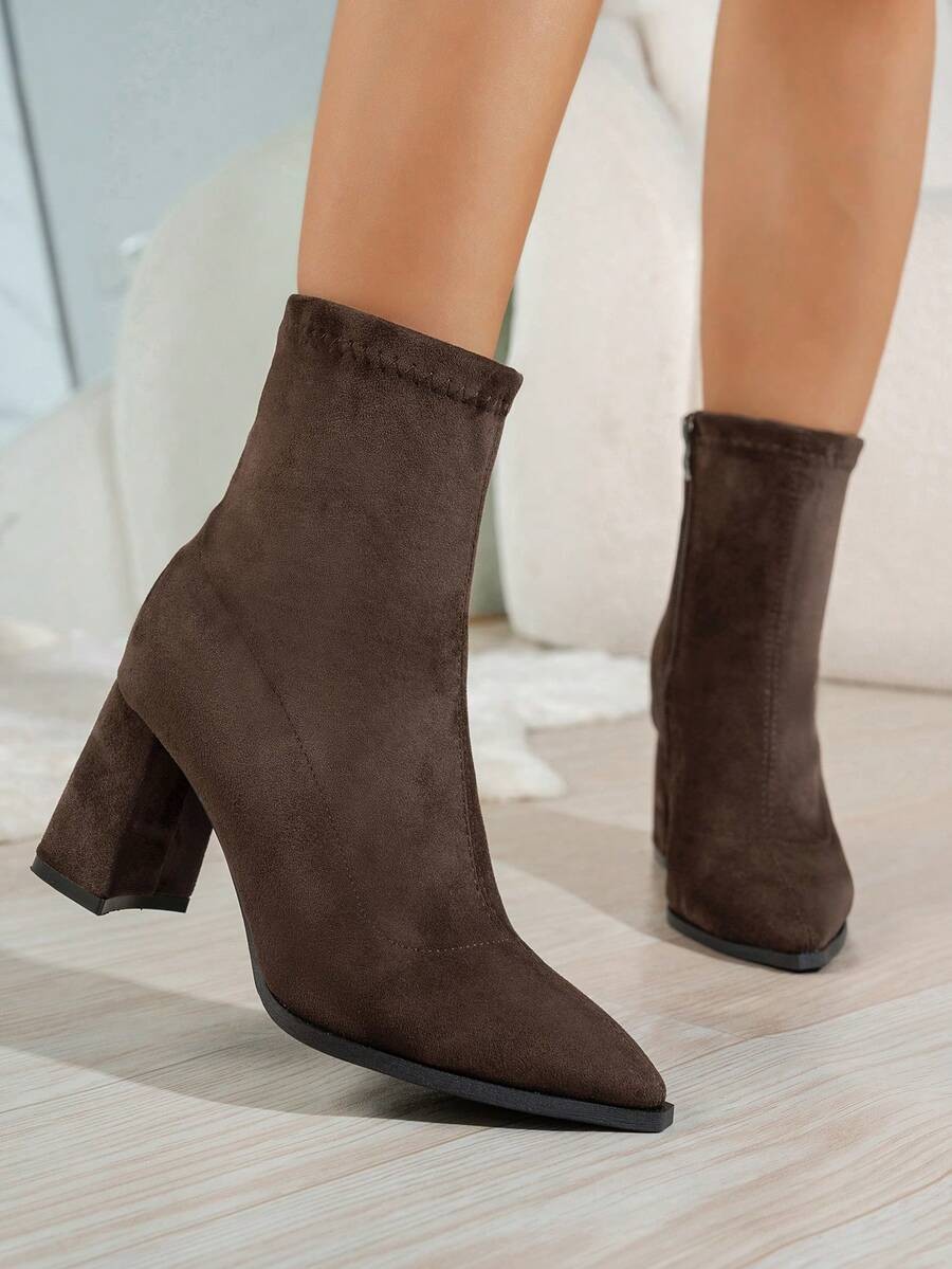 Women's Pointed Toe Faux Suede Block Heel Ankle Boots